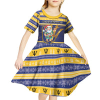 Personalized Barbados Christmas Kid Short Sleeve Dress Bajan Map Santa Trident - Wonder Print Shop