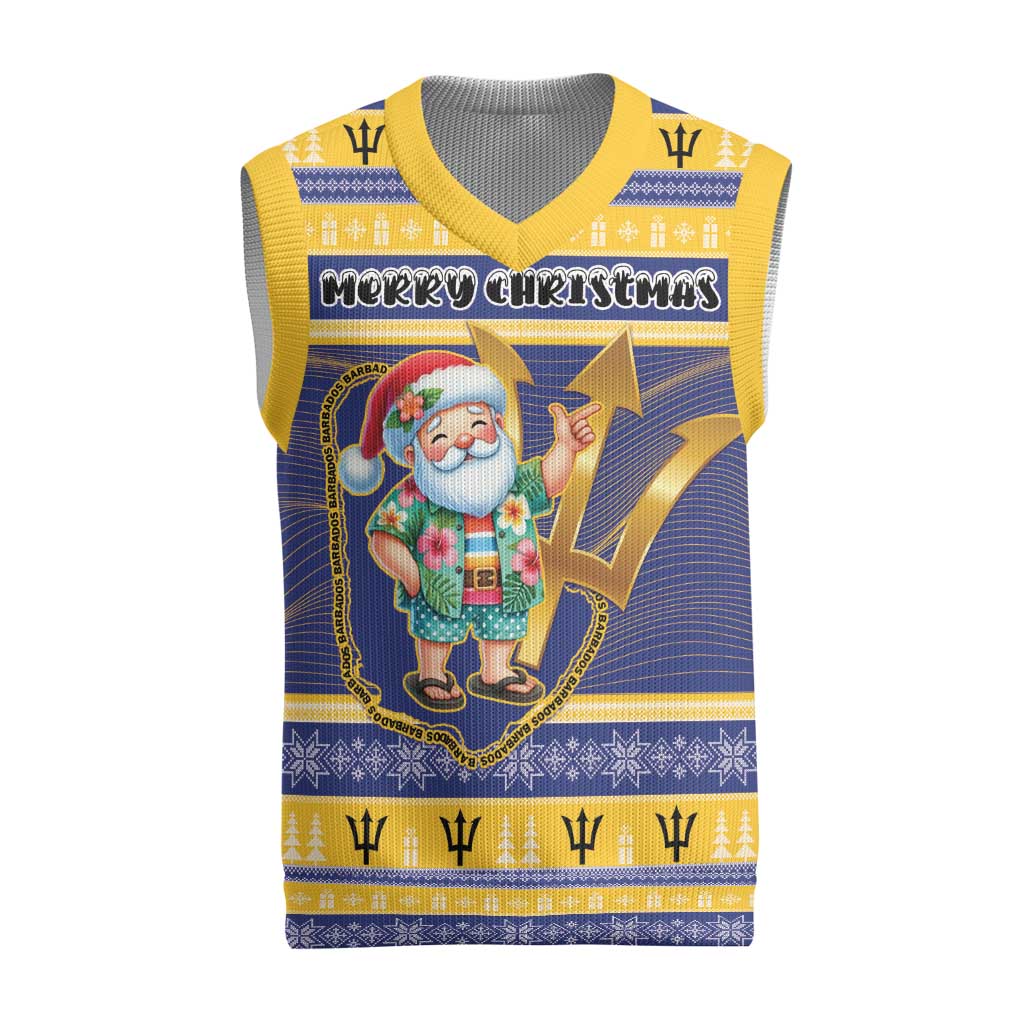 Personalized Barbados Christmas Knitted V-Neck Vest Bajan Map Santa Trident - Wonder Print Shop