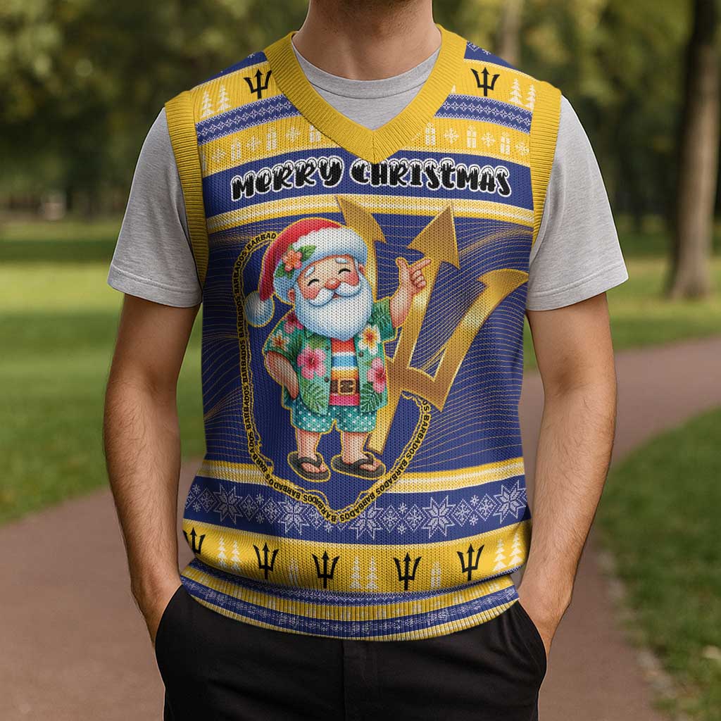 Personalized Barbados Christmas Knitted V-Neck Vest Bajan Map Santa Trident - Wonder Print Shop