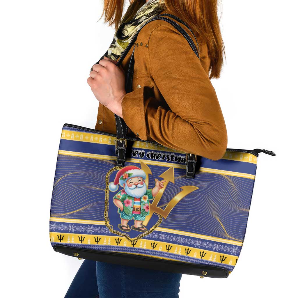 Barbados Christmas Leather Tote Bag Bajan Map Santa Trident - Wonder Print Shop