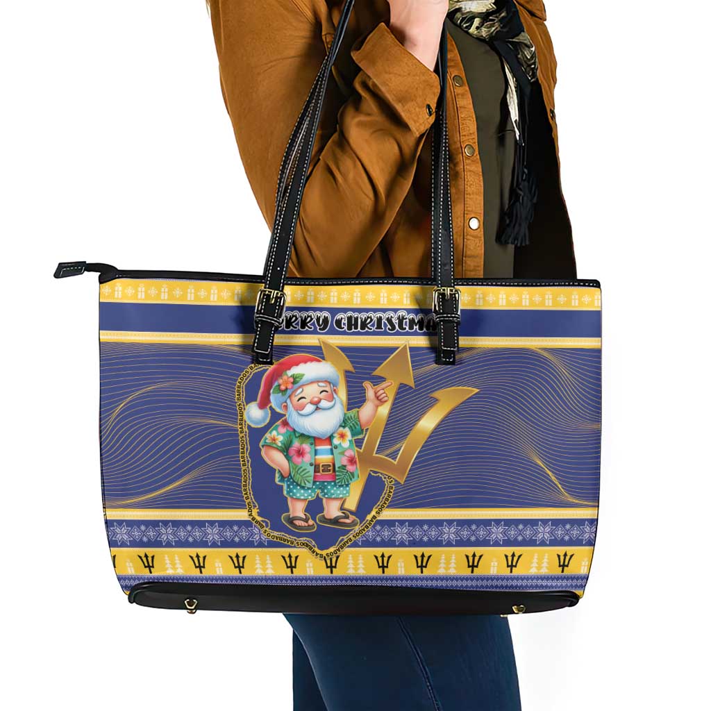 Barbados Christmas Leather Tote Bag Bajan Map Santa Trident - Wonder Print Shop
