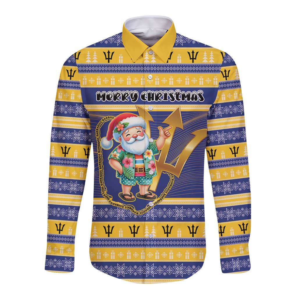 Personalized Barbados Christmas Long Sleeve Button Shirt Bajan Map Santa Trident - Wonder Print Shop