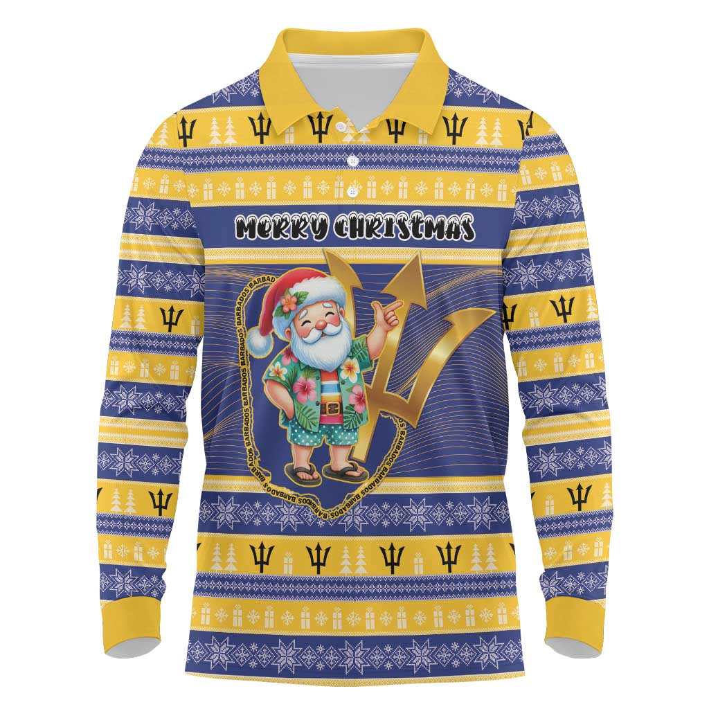Personalized Barbados Christmas Long Sleeve Polo Shirt Bajan Map Santa Trident - Wonder Print Shop