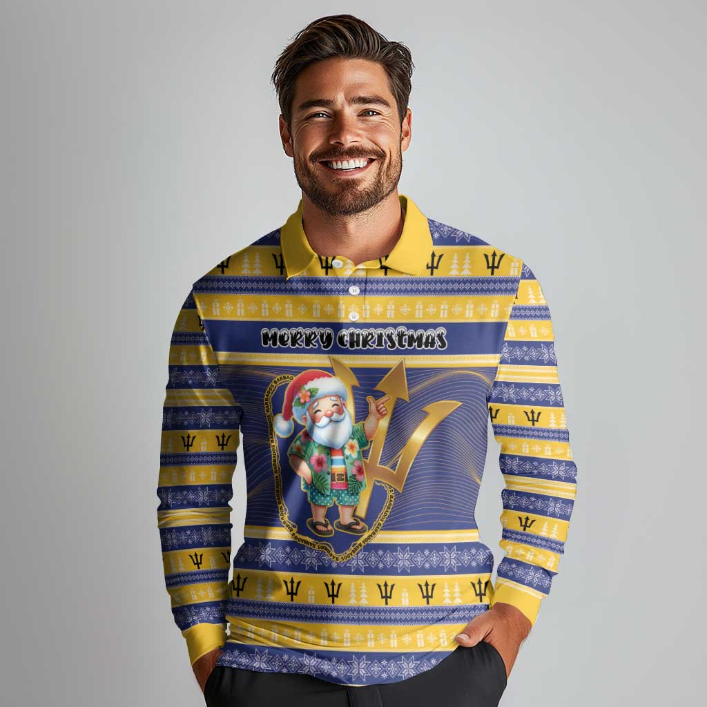 Personalized Barbados Christmas Long Sleeve Polo Shirt Bajan Map Santa Trident - Wonder Print Shop