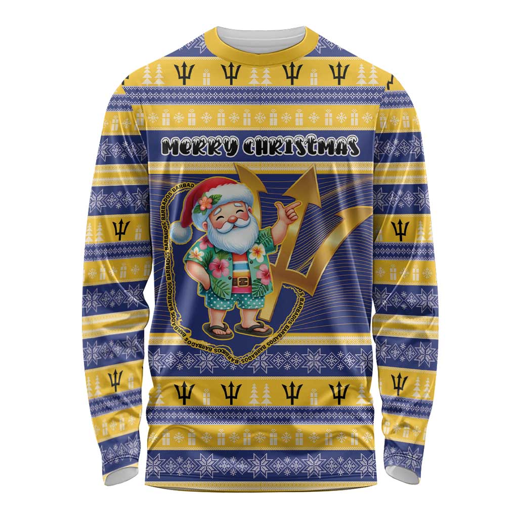 Personalized Barbados Christmas Long Sleeve Shirt Bajan Map Santa Trident - Wonder Print Shop