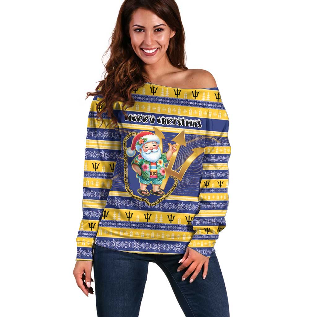 Personalized Barbados Christmas Off Shoulder Sweater Bajan Map Santa Trident - Wonder Print Shop