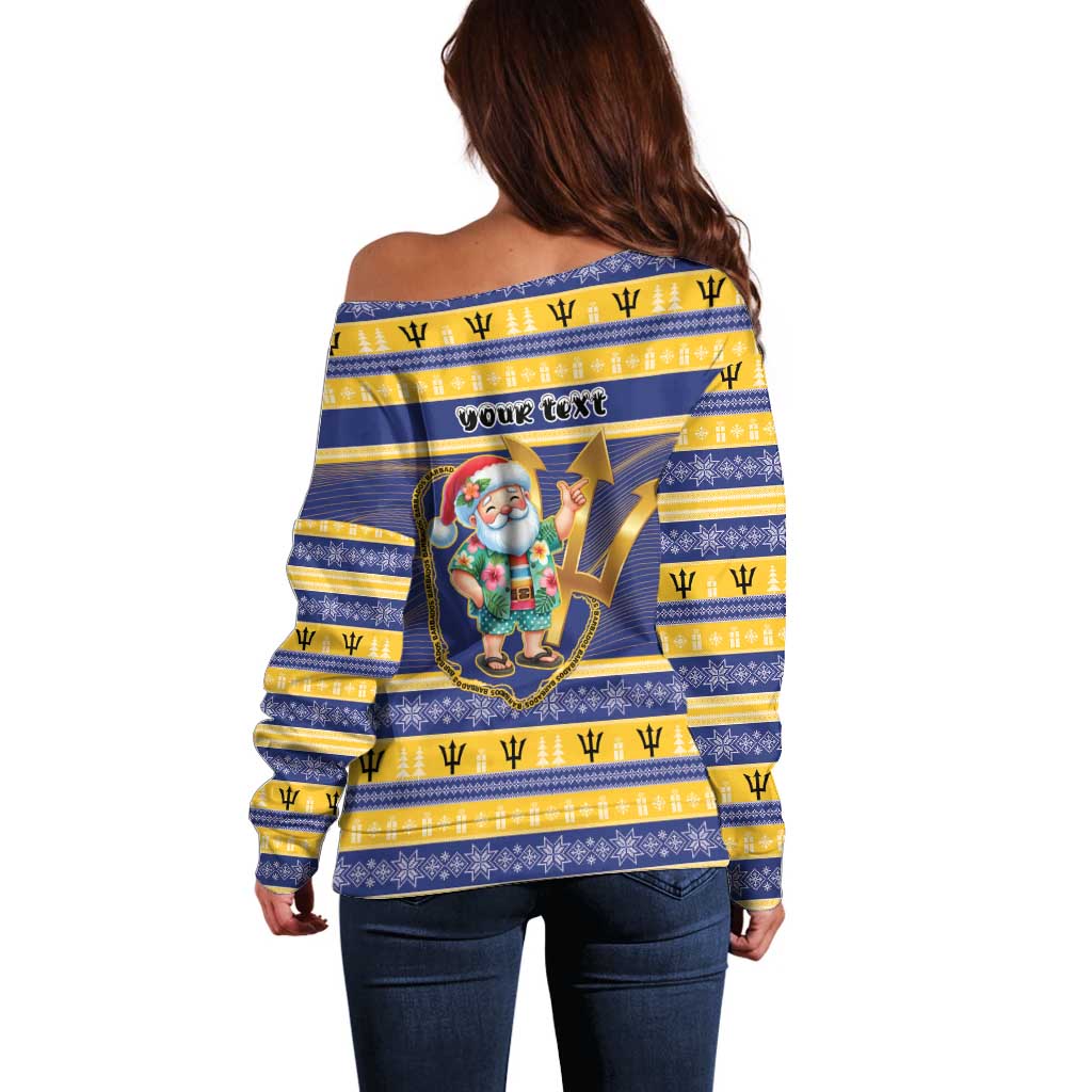Personalized Barbados Christmas Off Shoulder Sweater Bajan Map Santa Trident - Wonder Print Shop