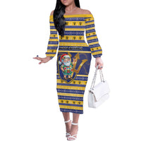 Personalized Barbados Christmas Off The Shoulder Long Sleeve Dress Bajan Map Santa Trident - Wonder Print Shop