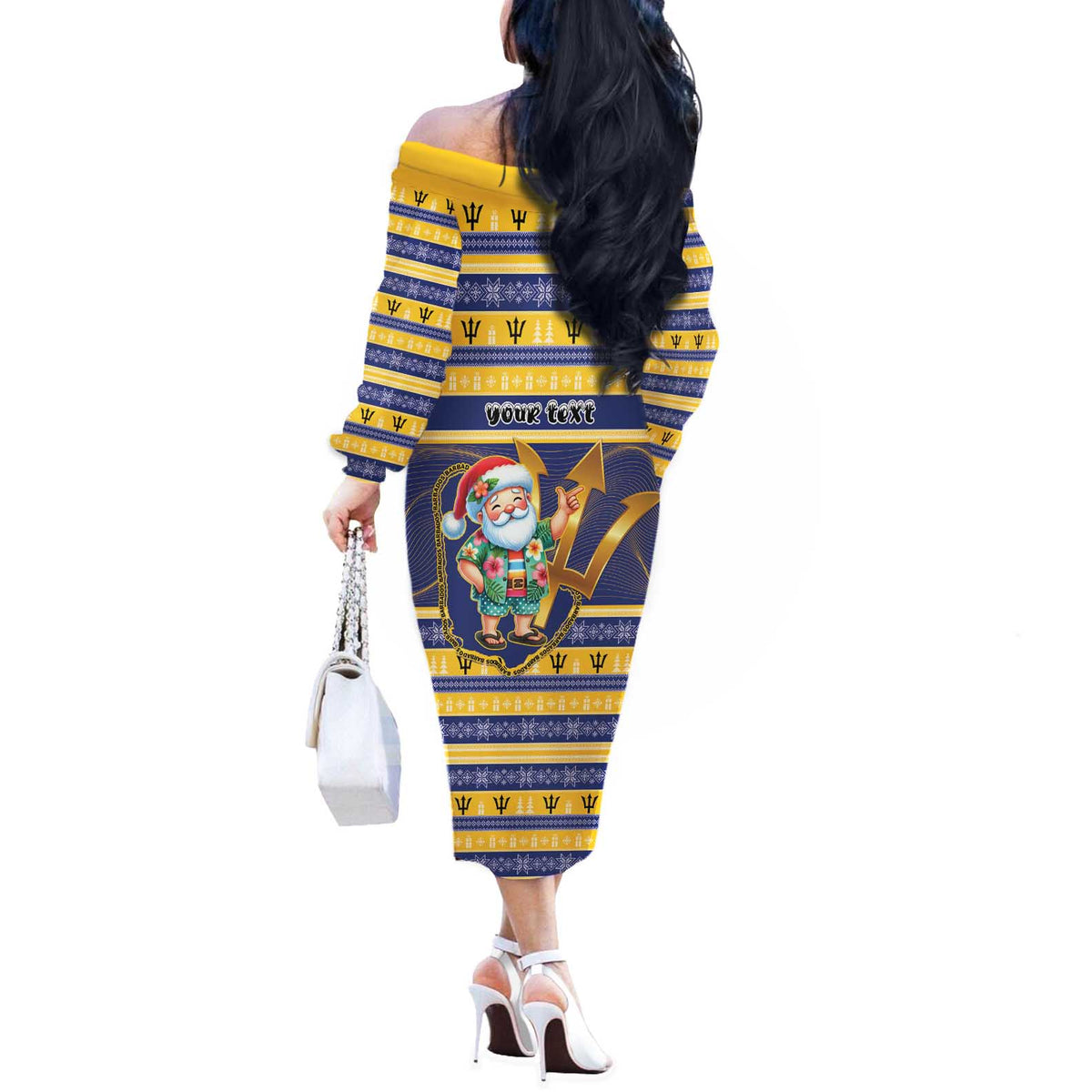 Personalized Barbados Christmas Off The Shoulder Long Sleeve Dress Bajan Map Santa Trident - Wonder Print Shop