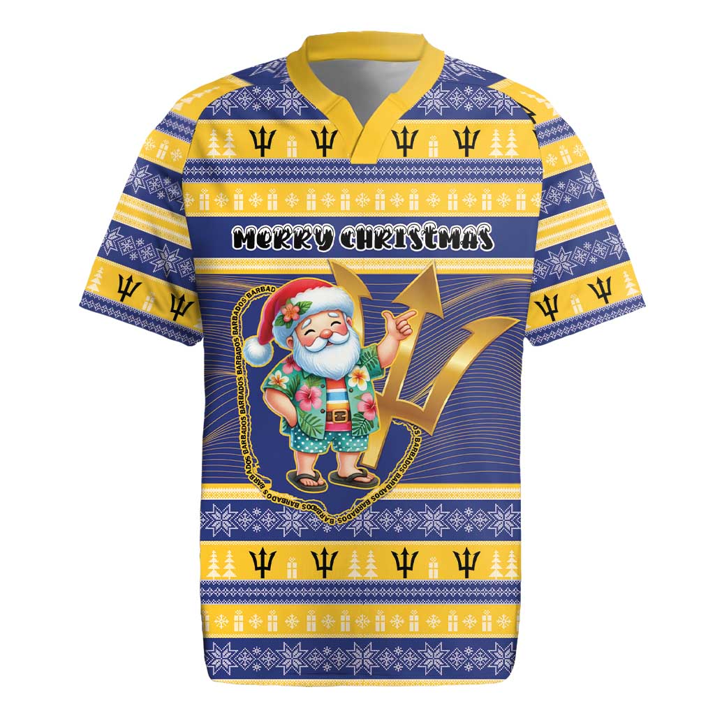 Personalized Barbados Christmas Rugby Jersey Bajan Map Santa Trident - Wonder Print Shop