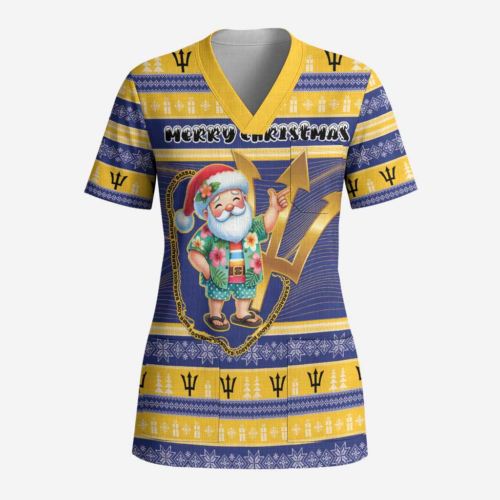 Personalized Barbados Christmas Scrub Top Bajan Map Santa Trident - Wonder Print Shop