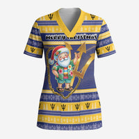 Personalized Barbados Christmas Scrub Top Bajan Map Santa Trident - Wonder Print Shop