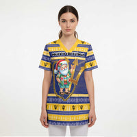 Personalized Barbados Christmas Scrub Top Bajan Map Santa Trident - Wonder Print Shop