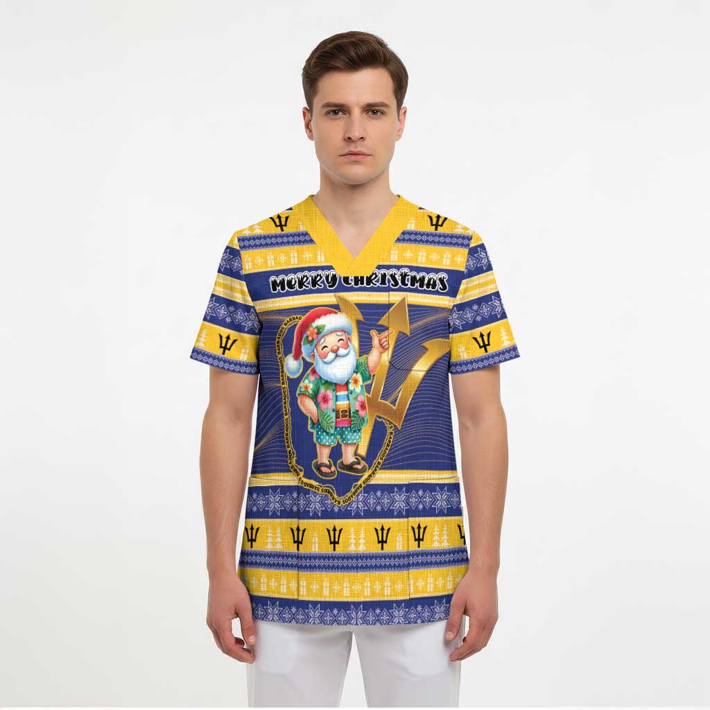 Personalized Barbados Christmas Scrub Top Bajan Map Santa Trident - Wonder Print Shop