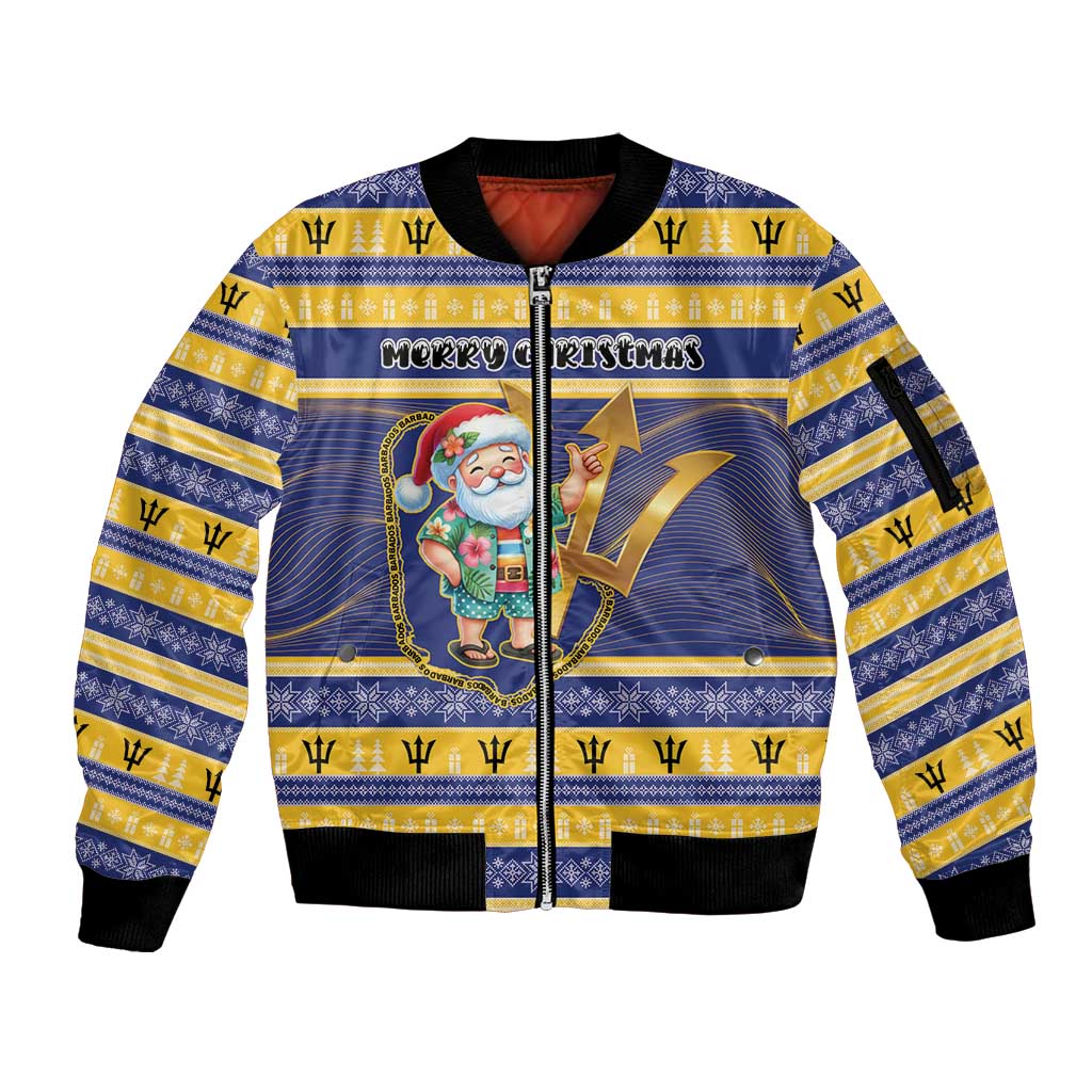 Personalized Barbados Christmas Sleeve Zip Bomber Jacket Bajan Map Santa Trident - Wonder Print Shop