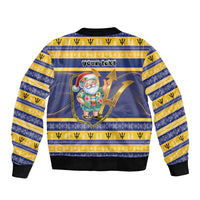 Personalized Barbados Christmas Sleeve Zip Bomber Jacket Bajan Map Santa Trident - Wonder Print Shop