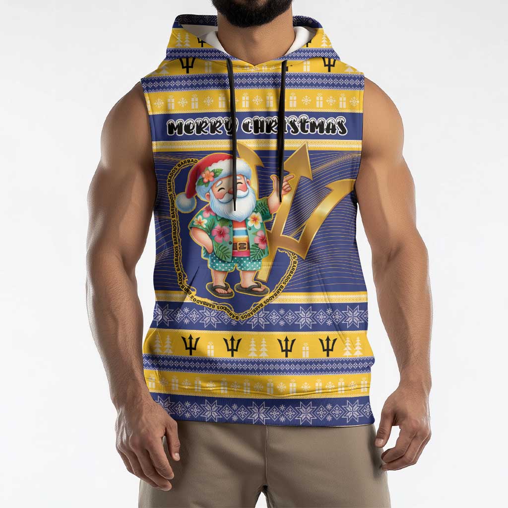 Personalized Barbados Christmas Sleeveless Hoodie Bajan Map Santa Trident - Wonder Print Shop