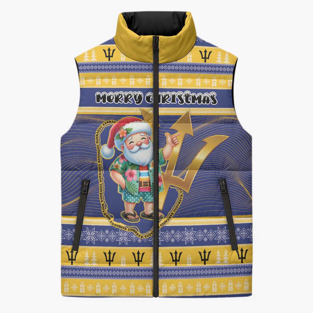 Personalized Barbados Christmas Sleeveless Puffer Jacket Bajan Map Santa Trident - Wonder Print Shop
