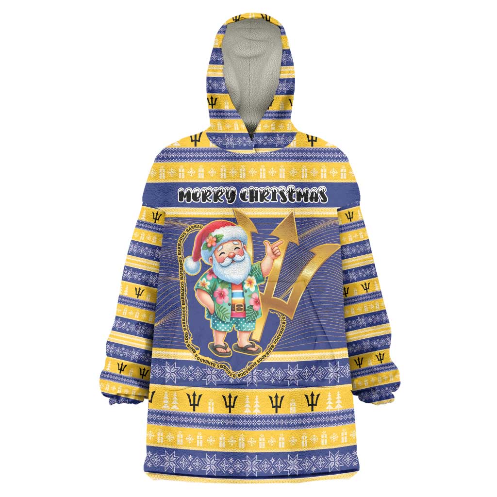 Personalized Barbados Christmas Wearable Blanket Hoodie Bajan Map Santa Trident - Wonder Print Shop