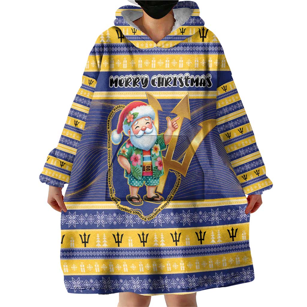Personalized Barbados Christmas Wearable Blanket Hoodie Bajan Map Santa Trident - Wonder Print Shop