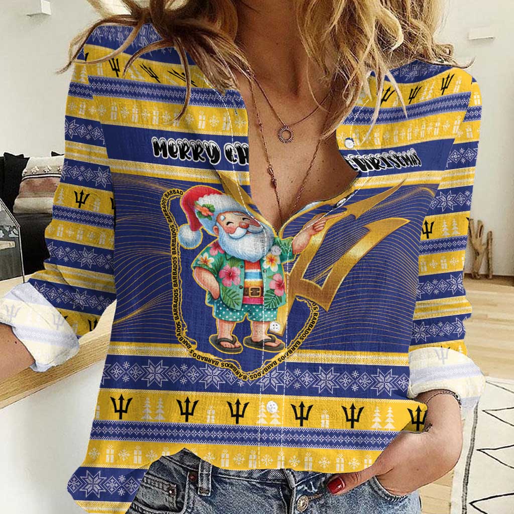 Personalized Barbados Christmas Women Casual Shirt Bajan Map Santa Trident - Wonder Print Shop