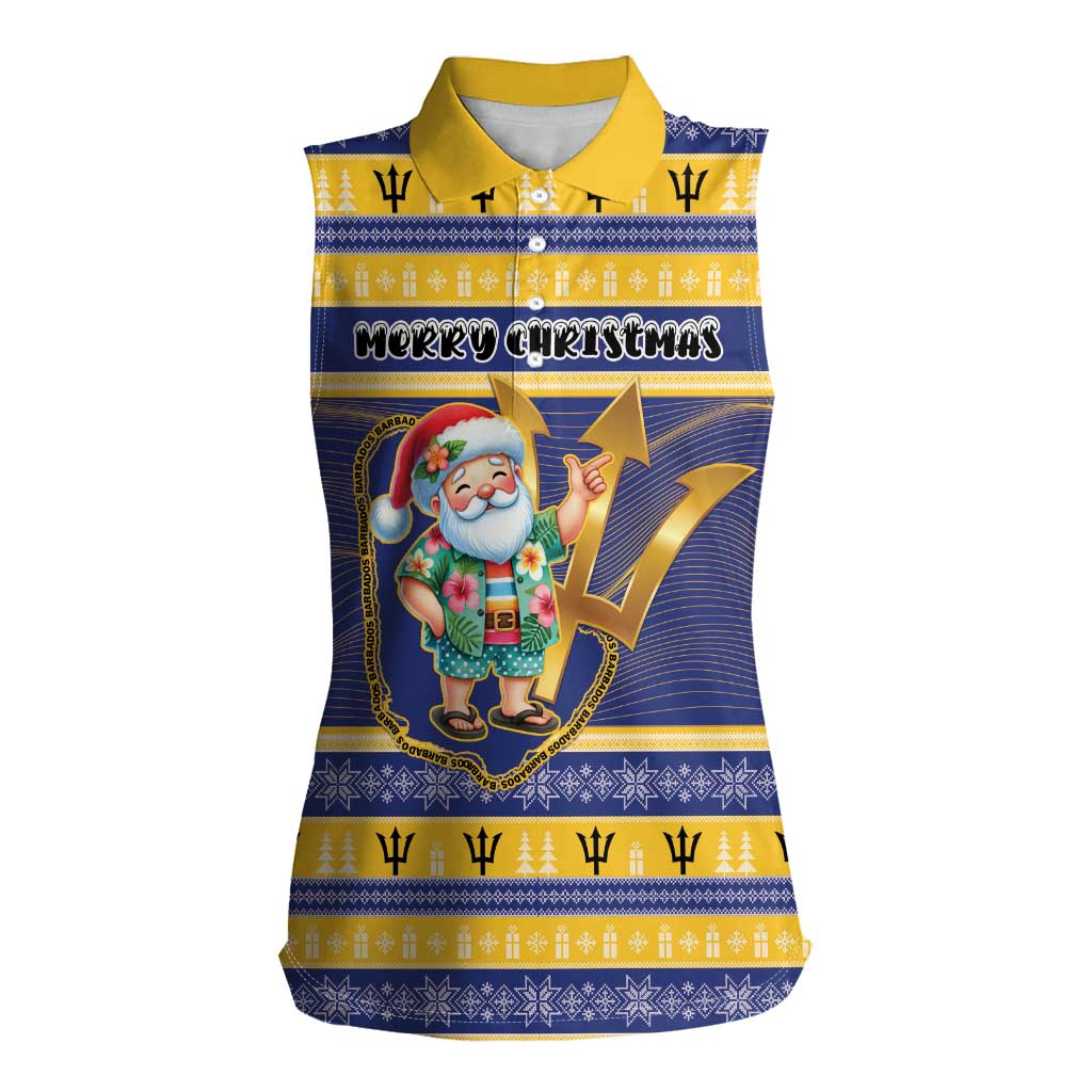 Personalized Barbados Christmas Women Sleeveless Polo Shirt Bajan Map Santa Trident - Wonder Print Shop