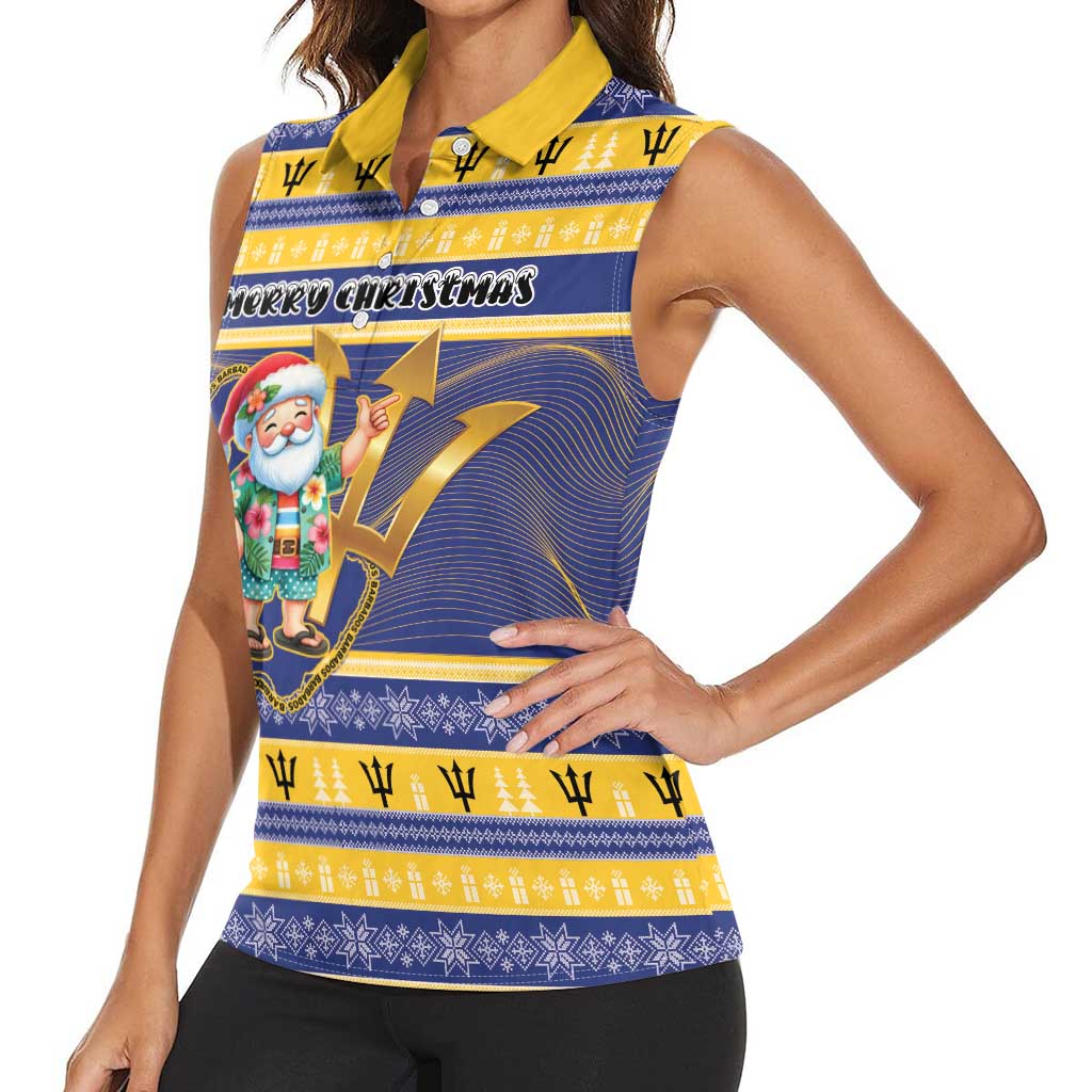 Personalized Barbados Christmas Women Sleeveless Polo Shirt Bajan Map Santa Trident - Wonder Print Shop