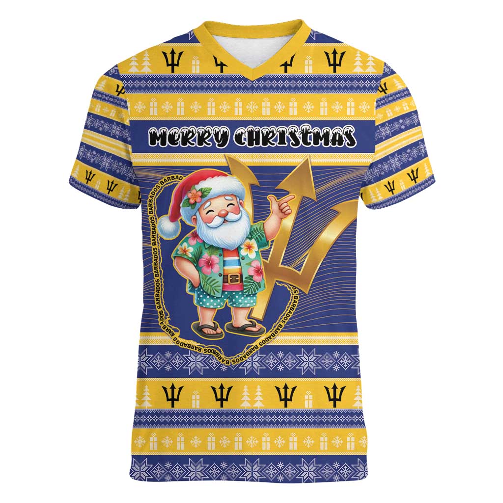 Personalized Barbados Christmas Women V-Neck T-Shirt Bajan Map Santa Trident - Wonder Print Shop