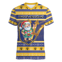 Personalized Barbados Christmas Women V-Neck T-Shirt Bajan Map Santa Trident - Wonder Print Shop