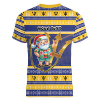 Personalized Barbados Christmas Women V-Neck T-Shirt Bajan Map Santa Trident - Wonder Print Shop