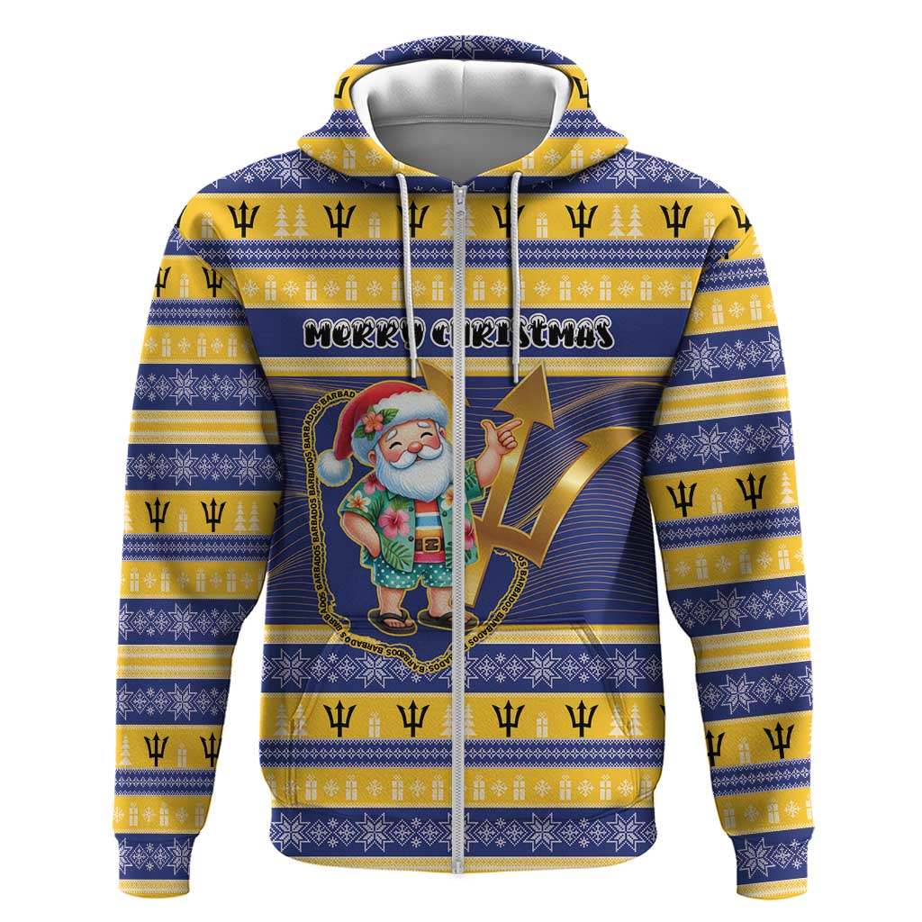 Personalized Barbados Christmas Zip Hoodie Bajan Map Santa Trident - Wonder Print Shop