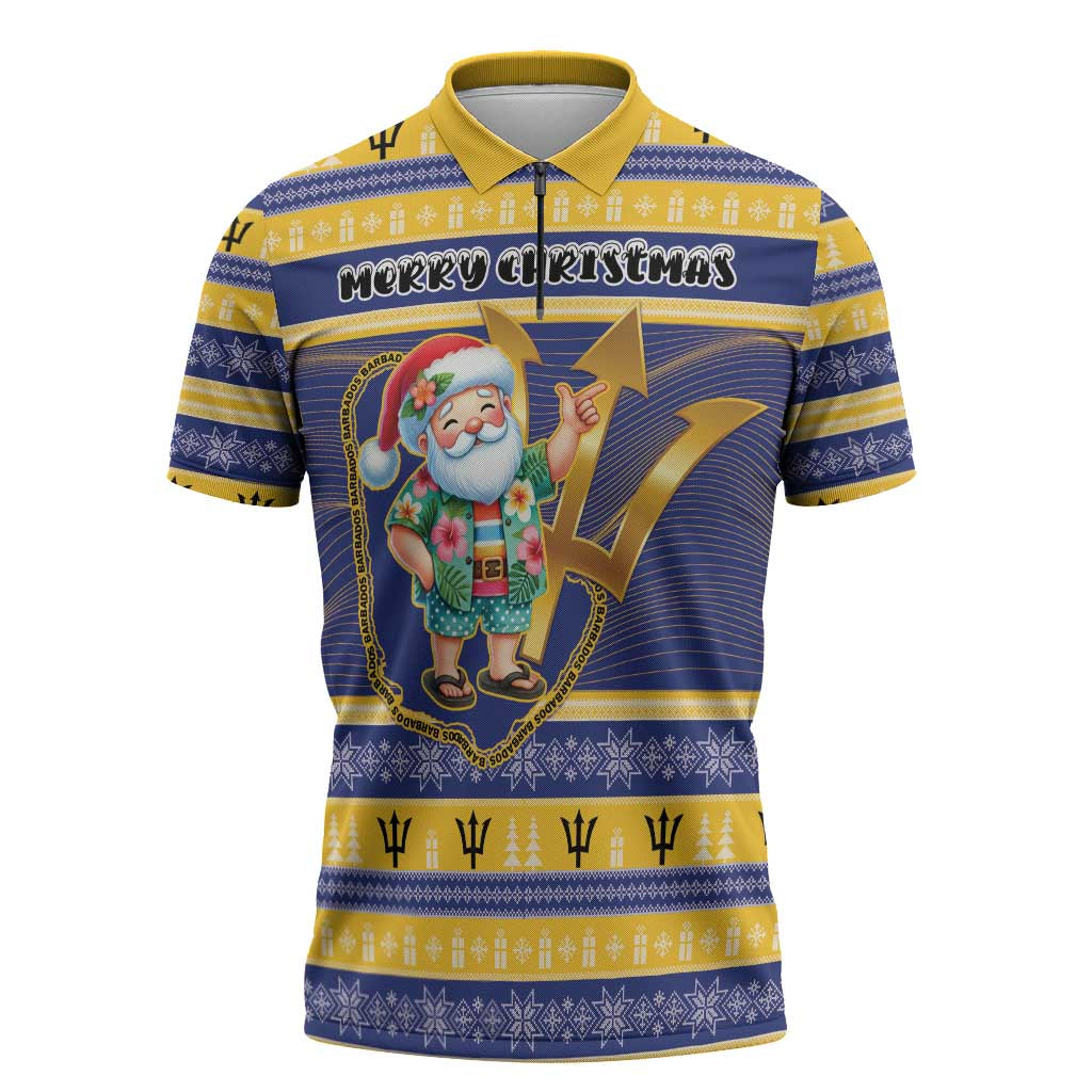 Personalized Barbados Christmas Zipper Polo Shirt Bajan Map Santa Trident - Wonder Print Shop