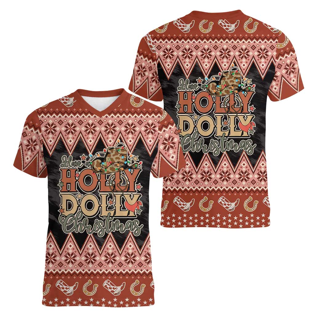 Howdy Christmas Women V-Neck T-Shirt Have a Holly Jolly Christmas - Wonder Print Shop