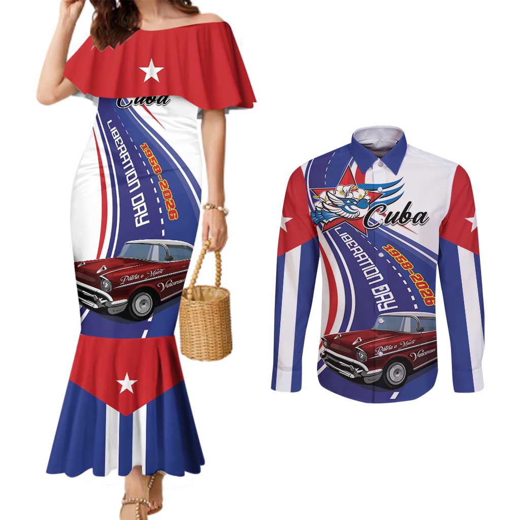 Personalized Cuba Liberation Day 1958-2026 Couples Matching Mermaid Dress and Long Sleeve Button Shirt Cuba Libre Car - Wonder Print Shop