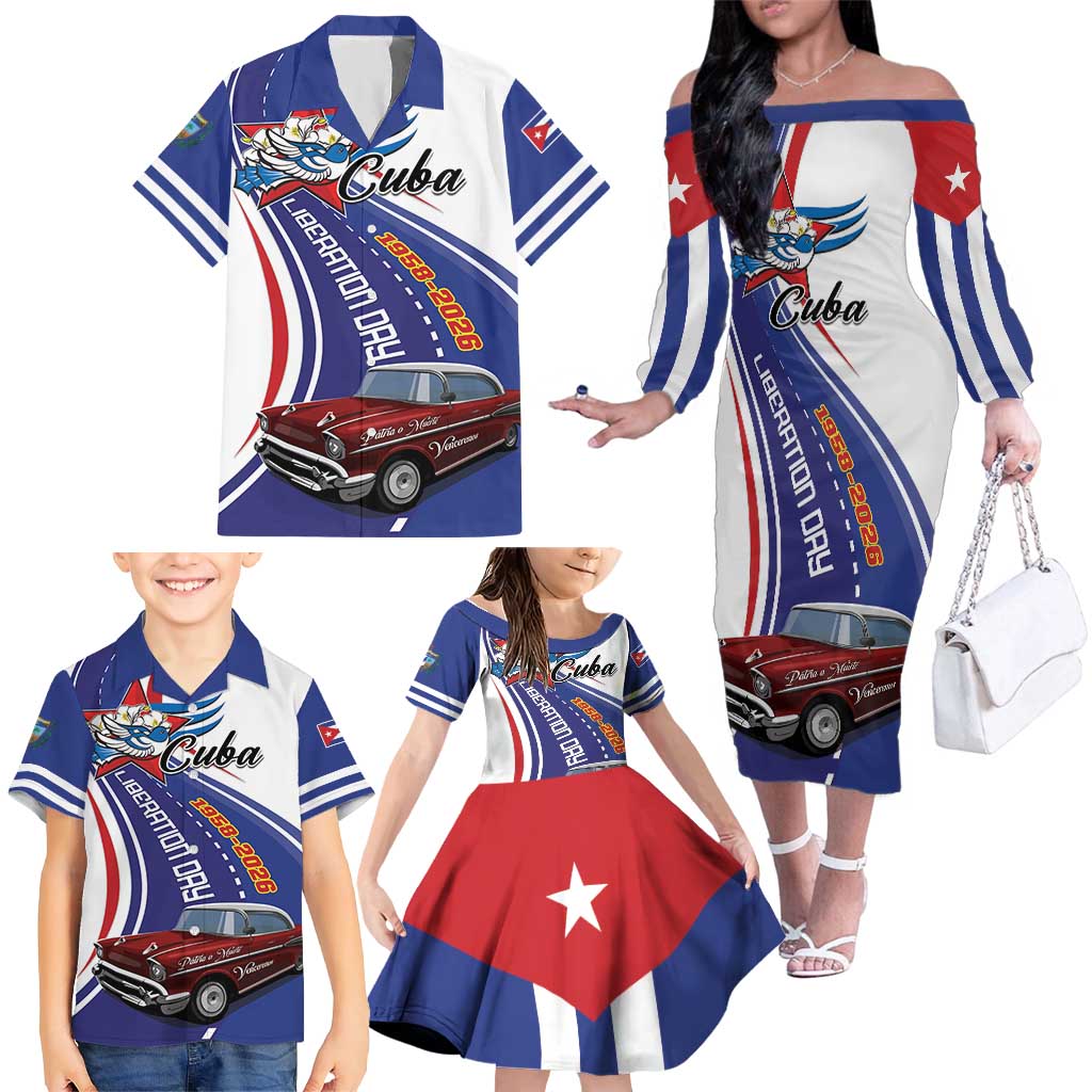 Personalized Cuba Liberation Day 1958-2026 Family Matching Off The Shoulder Long Sleeve Dress and Hawaiian Shirt Cuba Libre Car - Wonder Print Shop