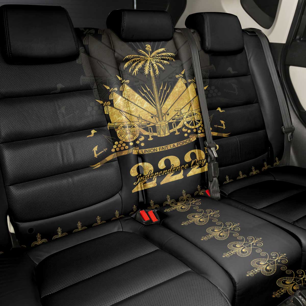 Ayiti 222nd Independence Day Anniversary Back Car Seat Cover Haiti Gold VeVe Pattern - Wonder Print Shop