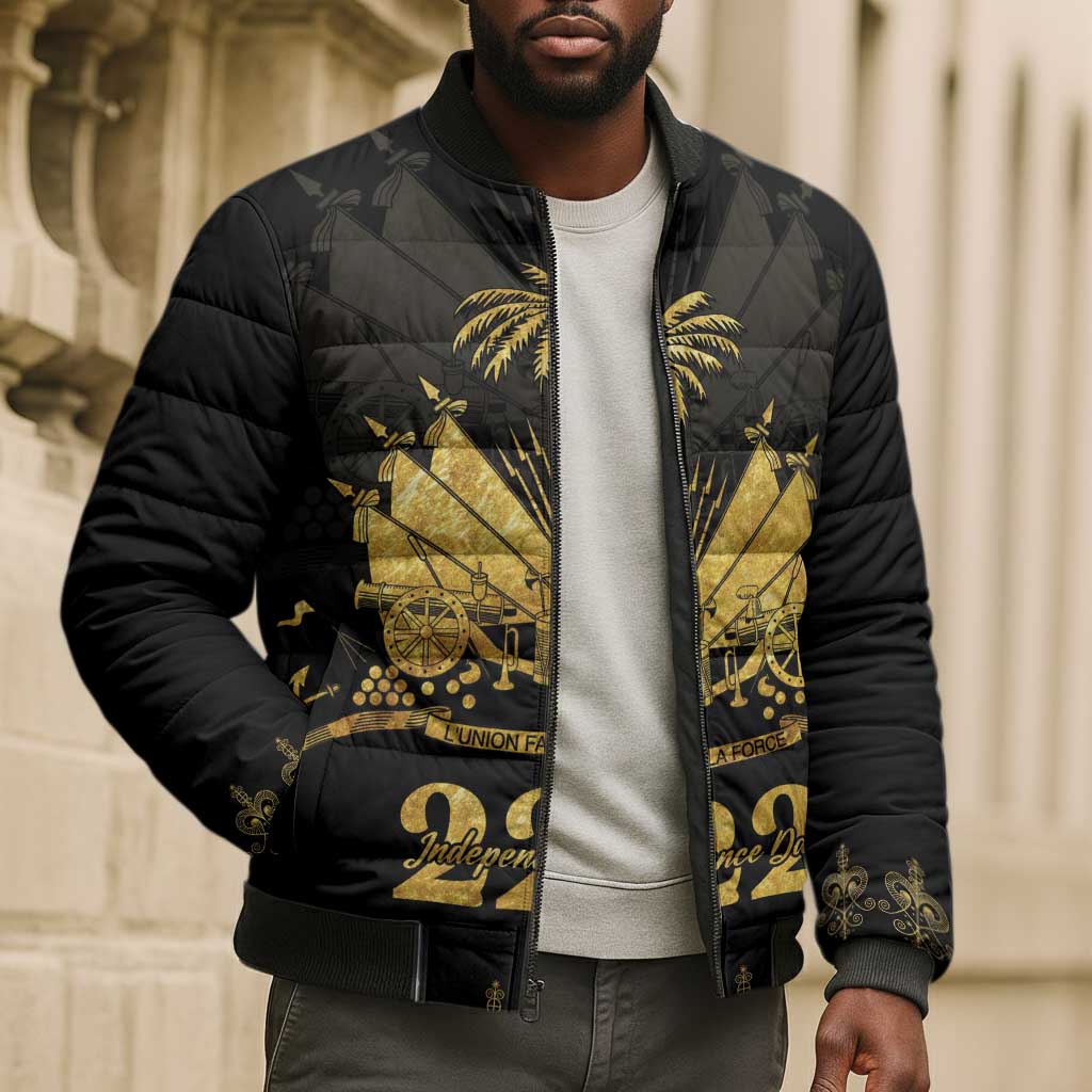 Ayiti 222nd Independence Day Anniversary Bomber Puffer Jacket Haiti Gold VeVe Pattern - Wonder Print Shop