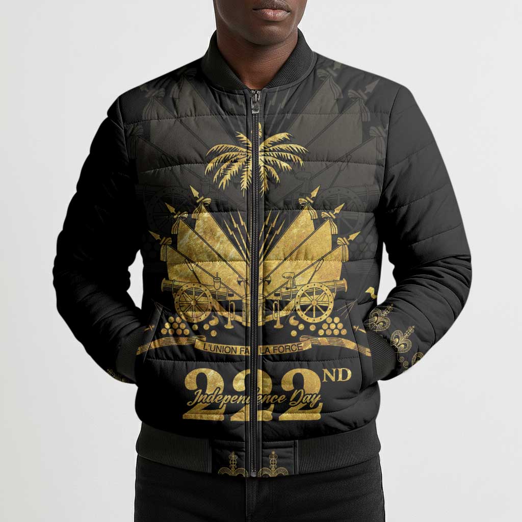Ayiti 222nd Independence Day Anniversary Bomber Puffer Jacket Haiti Gold VeVe Pattern - Wonder Print Shop