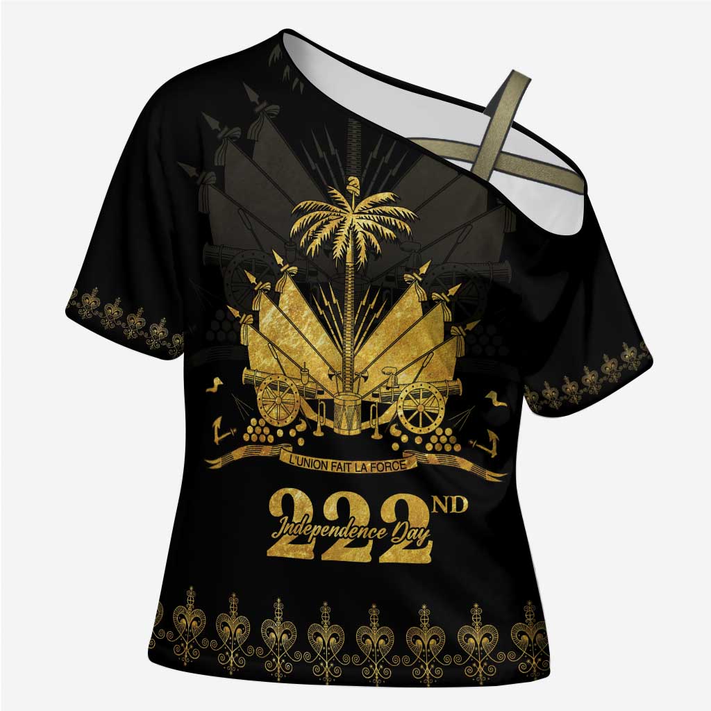 Ayiti 222nd Independence Day Anniversary Cross Shoulder Shirt Haiti Gold VeVe Pattern - Wonder Print Shop
