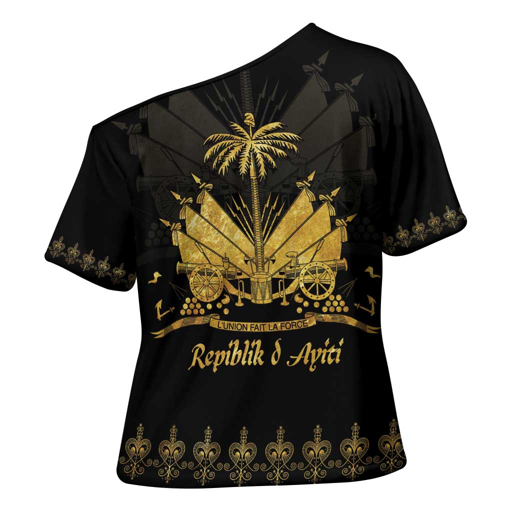 Ayiti 222nd Independence Day Anniversary Cross Shoulder Shirt Haiti Gold VeVe Pattern - Wonder Print Shop