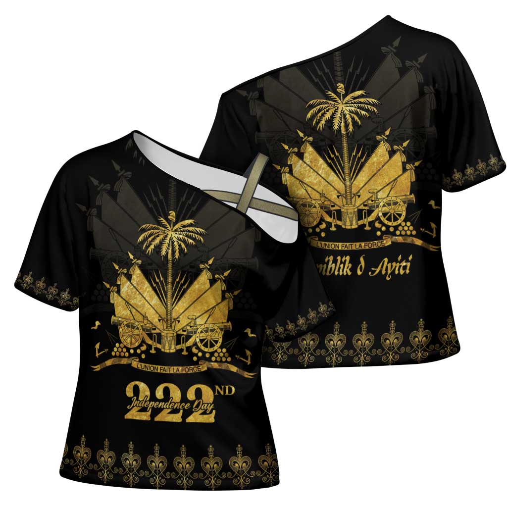 Ayiti 222nd Independence Day Anniversary Cross Shoulder Shirt Haiti Gold VeVe Pattern - Wonder Print Shop