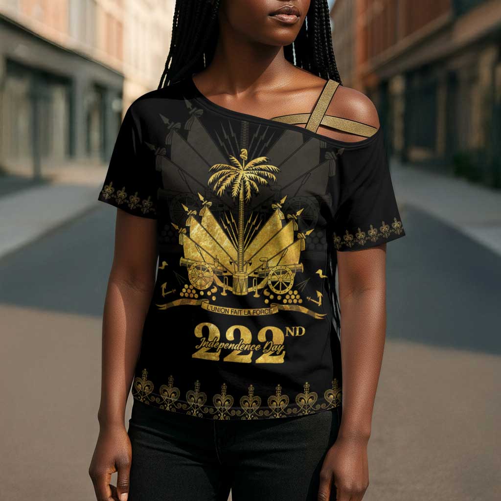 Ayiti 222nd Independence Day Anniversary Cross Shoulder Shirt Haiti Gold VeVe Pattern - Wonder Print Shop