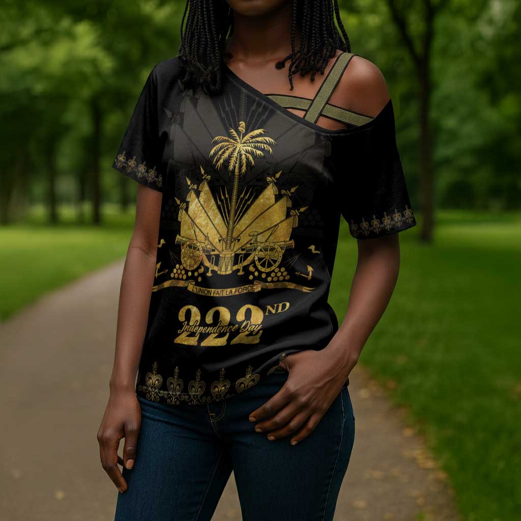 Ayiti 222nd Independence Day Anniversary Cross Shoulder Shirt Haiti Gold VeVe Pattern - Wonder Print Shop
