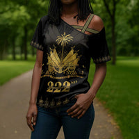 Ayiti 222nd Independence Day Anniversary Cross Shoulder Shirt Haiti Gold VeVe Pattern - Wonder Print Shop