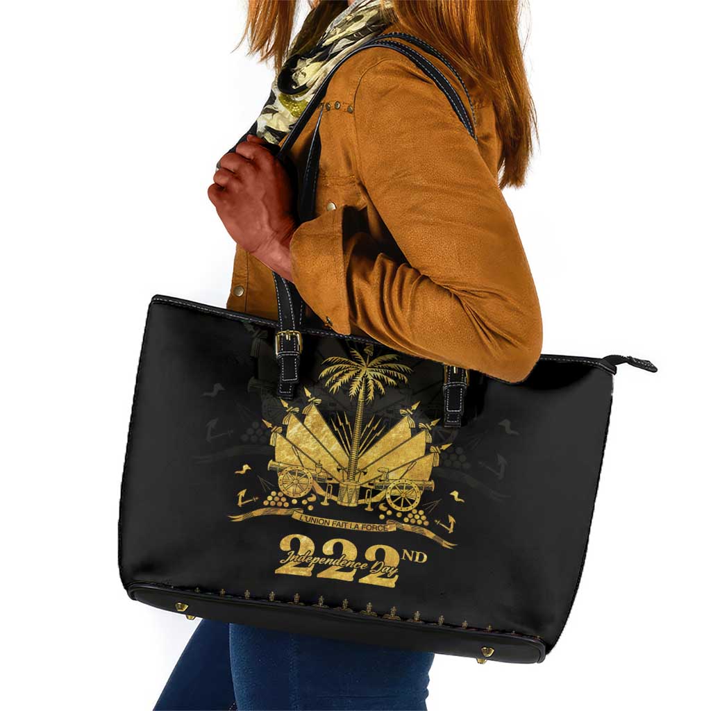Ayiti 222nd Independence Day Anniversary Leather Tote Bag Haiti Gold VeVe Pattern - Wonder Print Shop