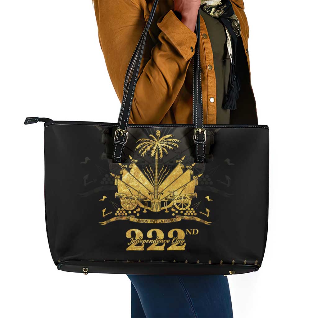 Ayiti 222nd Independence Day Anniversary Leather Tote Bag Haiti Gold VeVe Pattern - Wonder Print Shop