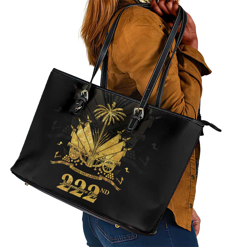 Ayiti 222nd Independence Day Anniversary Leather Tote Bag Haiti Gold VeVe Pattern - Wonder Print Shop
