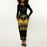 Ayiti 222nd Independence Day Anniversary Long Sleeve Bodycon Dress Haiti Gold VeVe Pattern - Wonder Print Shop