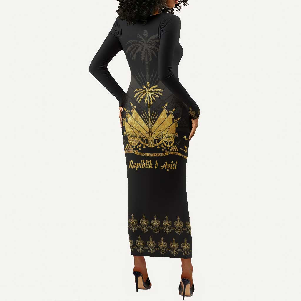 Ayiti 222nd Independence Day Anniversary Long Sleeve Bodycon Dress Haiti Gold VeVe Pattern - Wonder Print Shop
