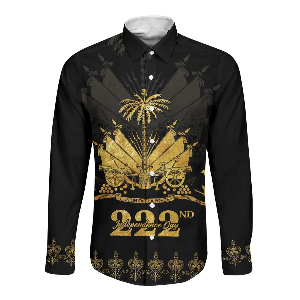 Ayiti 222nd Independence Day Anniversary Long Sleeve Button Shirt Haiti Gold VeVe Pattern - Wonder Print Shop